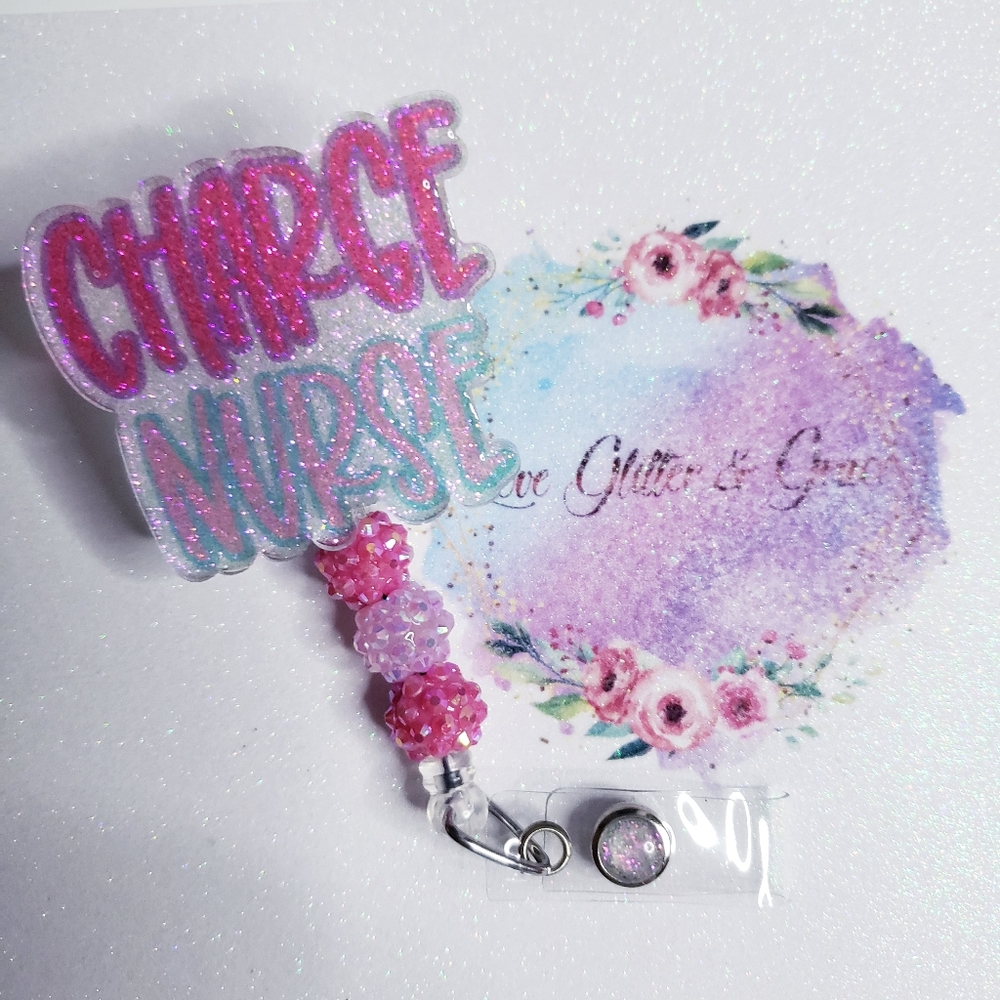 Charge nurse badge reel, glitter, nurse, healthcare